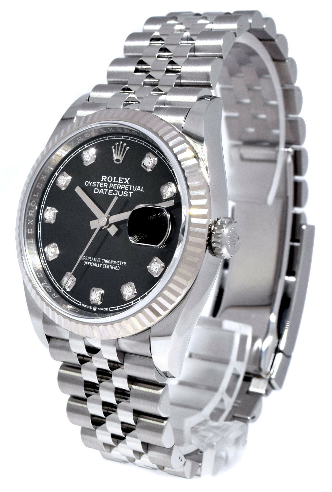 NOS Rolex Datejust Steel Black Diamond Dial Mens 36mm Watch '21 B/P 126234
