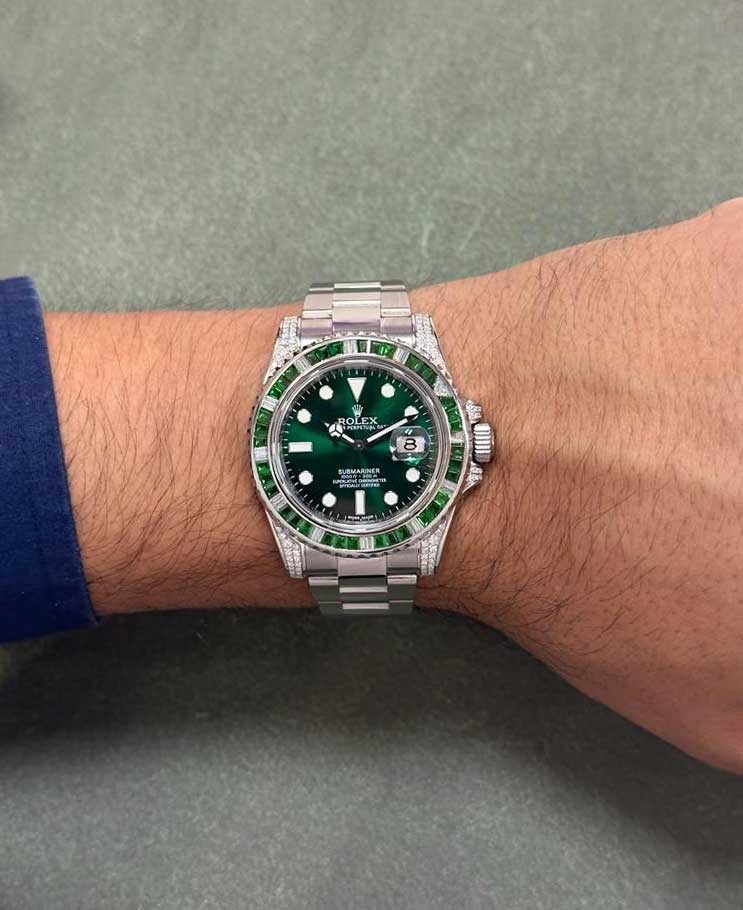 Rolex Submariner Date Steel Green Stones & Diamond 40mm Watch 116610