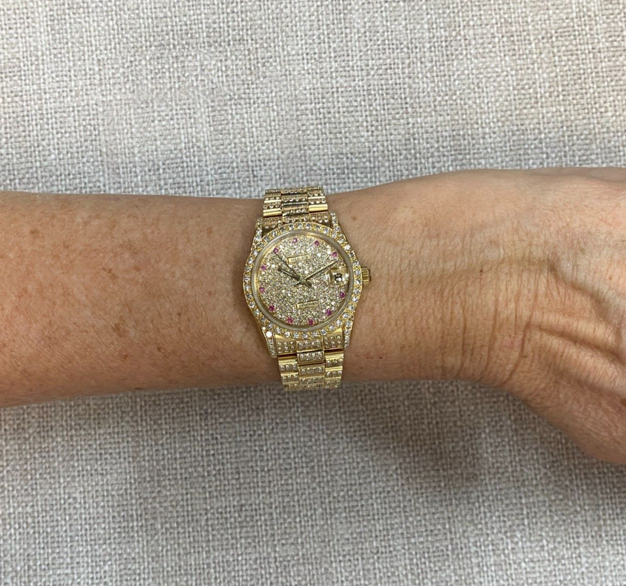 Rolex Datejust President 18k Yellow Gold Diamond Iced Out Ruby 31mm Watch 68278