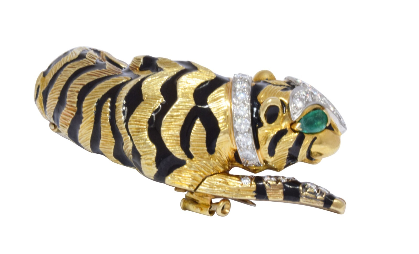 David Webb Tiger 18k Yellow Gold Black Enamel Diamond & Green Emerald Brooch