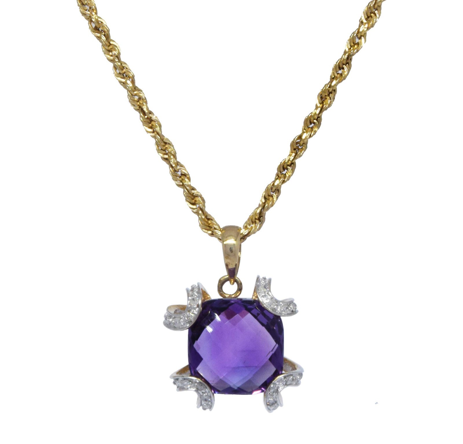 Ladies Necklace 14k Yellow Gold Diamonds & Amethyst 18.5 inch Chain