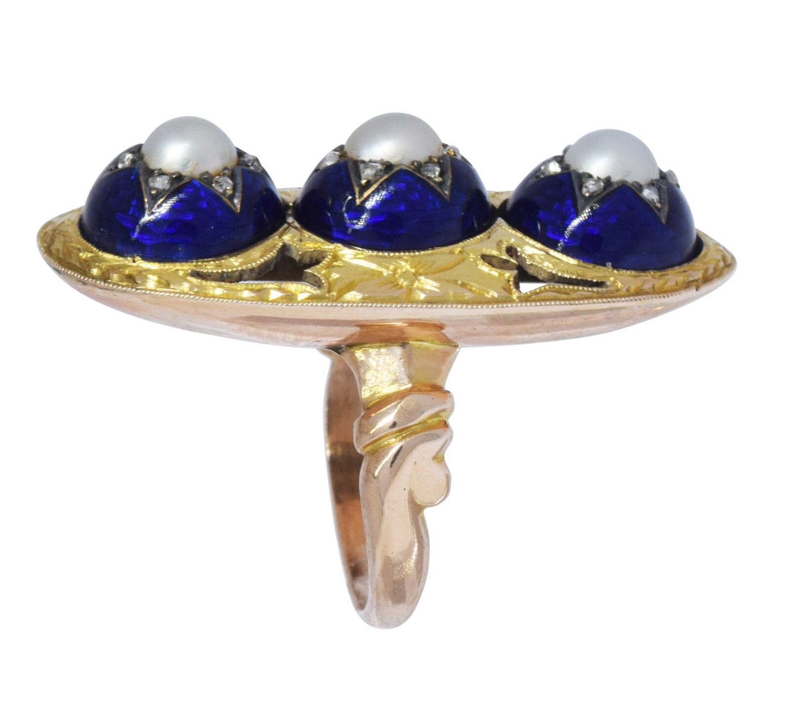 14K Gold Vintage Pearl, Enamel & Diamond Ring Size 4.25