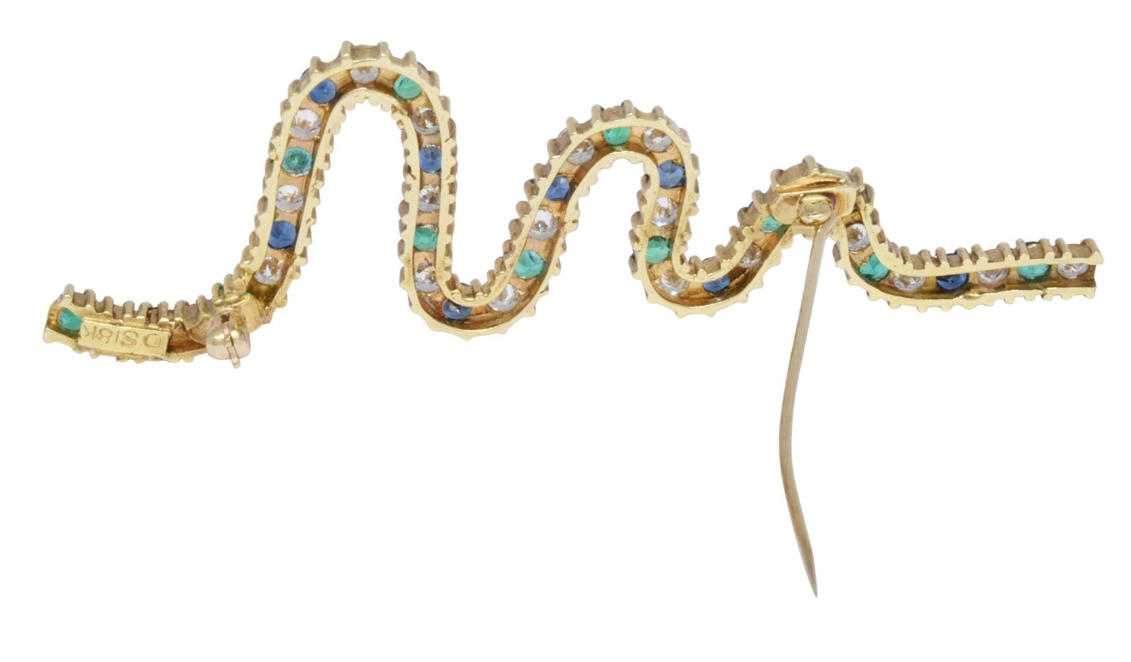 Ladies Diamond, Emerald & Sapphire 18k Yellow Gold Squiggle Brooch