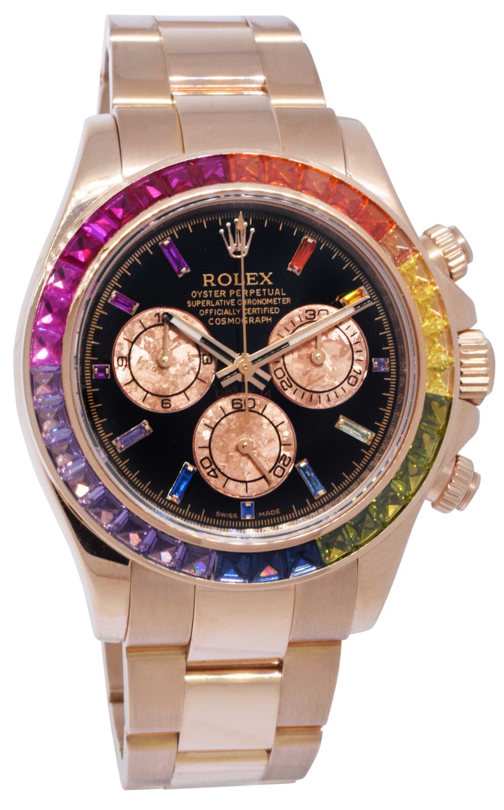 Rolex Daytona 18k Rose Gold Rainbow Bezel Black Dial Mens 40mm Watch B/P 116505
