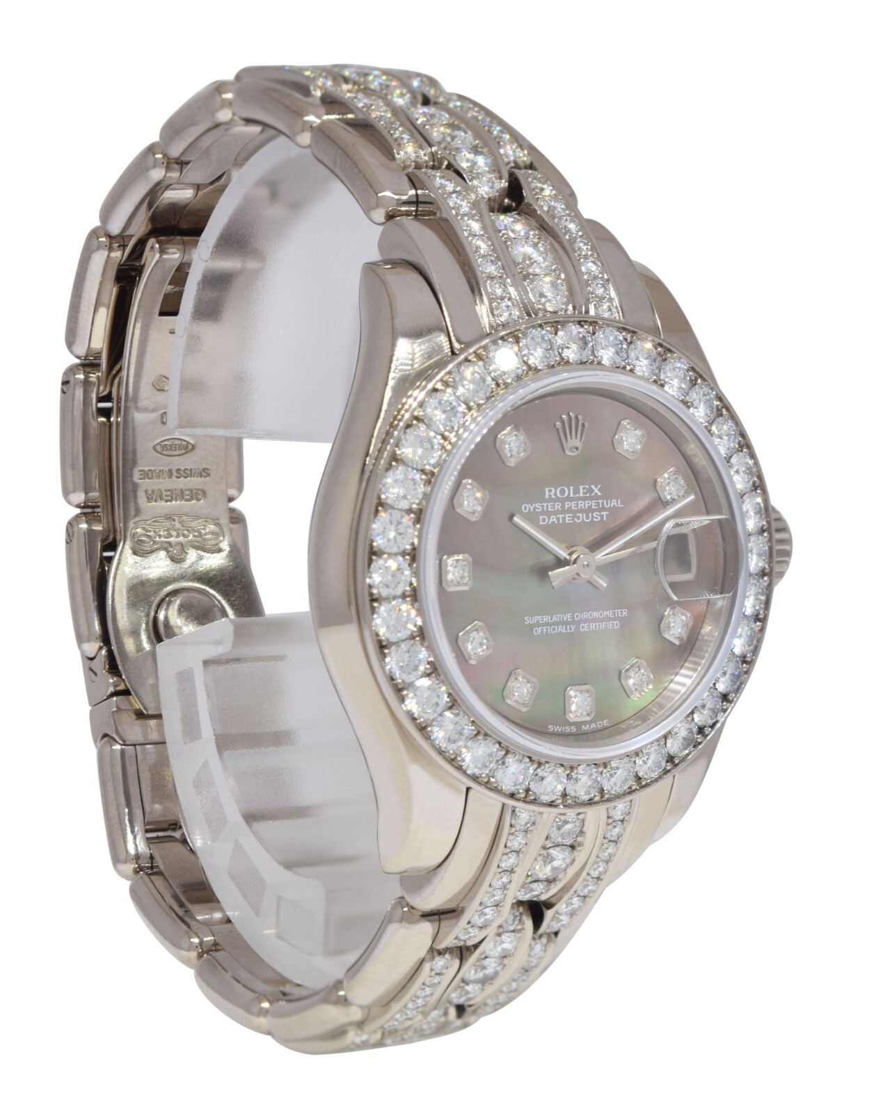 Rolex Datejust Pearlmaster 18k White Gold Diamond Black MOP 29mm Watch K 80299