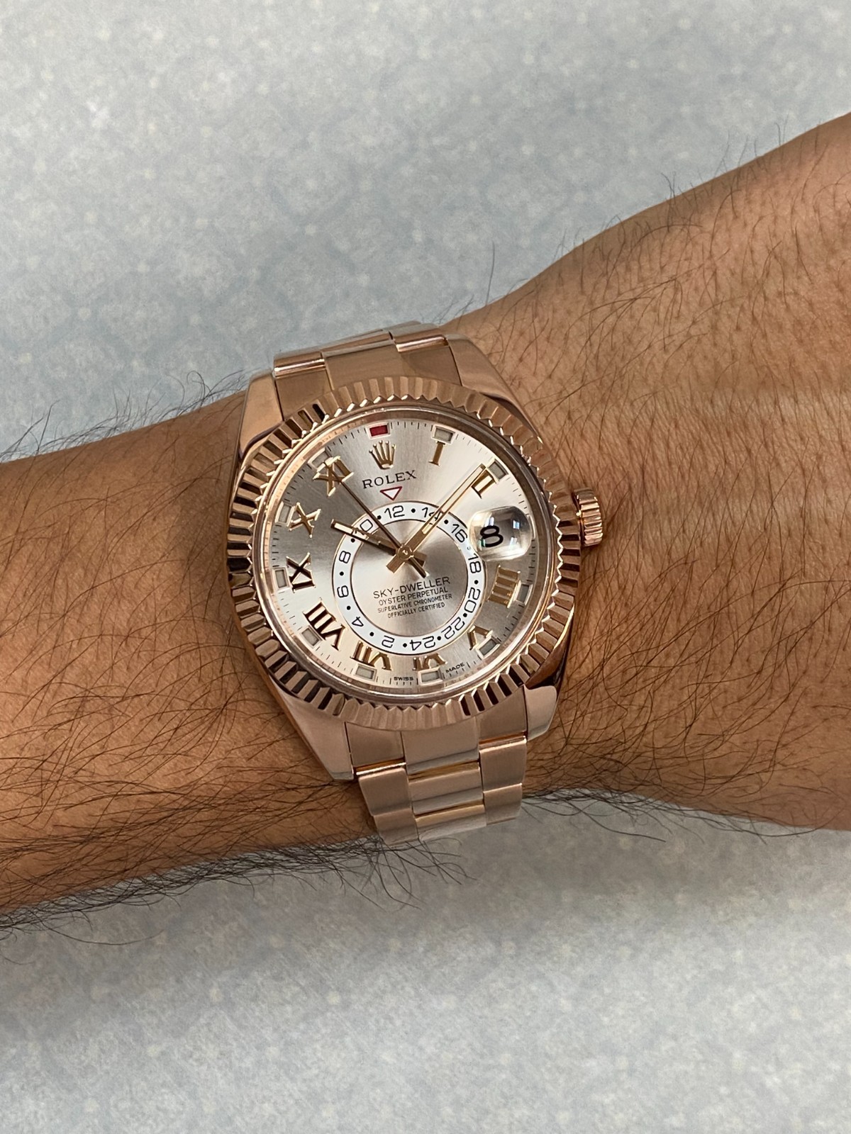 Rolex Sky-Dweller 18k Everose Gold Sundust Roman Dial 42mm Watch B/P '15 326935