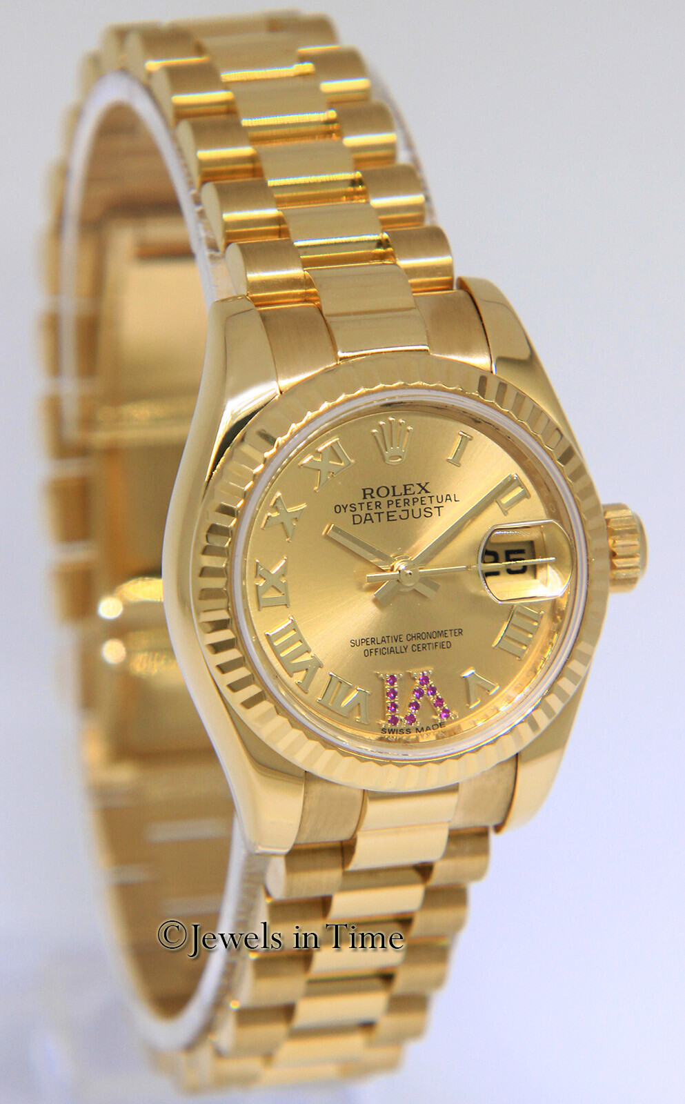 Rolex Datejust President 18k Yellow Gold Ruby VI Ladies 26mm Watch +Card 179178
