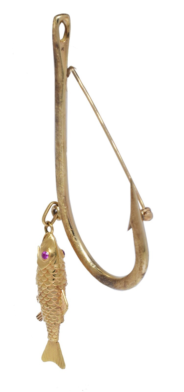Fish & Hook Vintage 14k Yellow Gold & Ruby Brooch Pin Fish & Hook Vintage 14k Yellow Gold & Ruby Brooch Pin