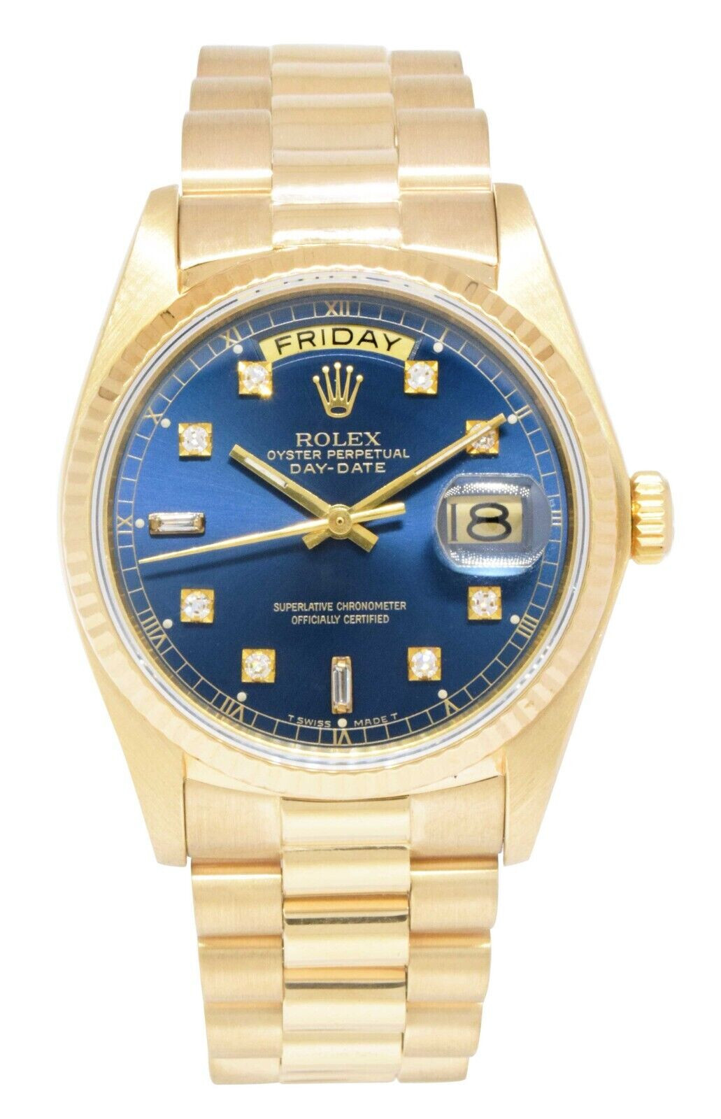 Rolex Day-Date President 18k Yellow Gold Blue Diamond Dial 36mm Watch '79 18038