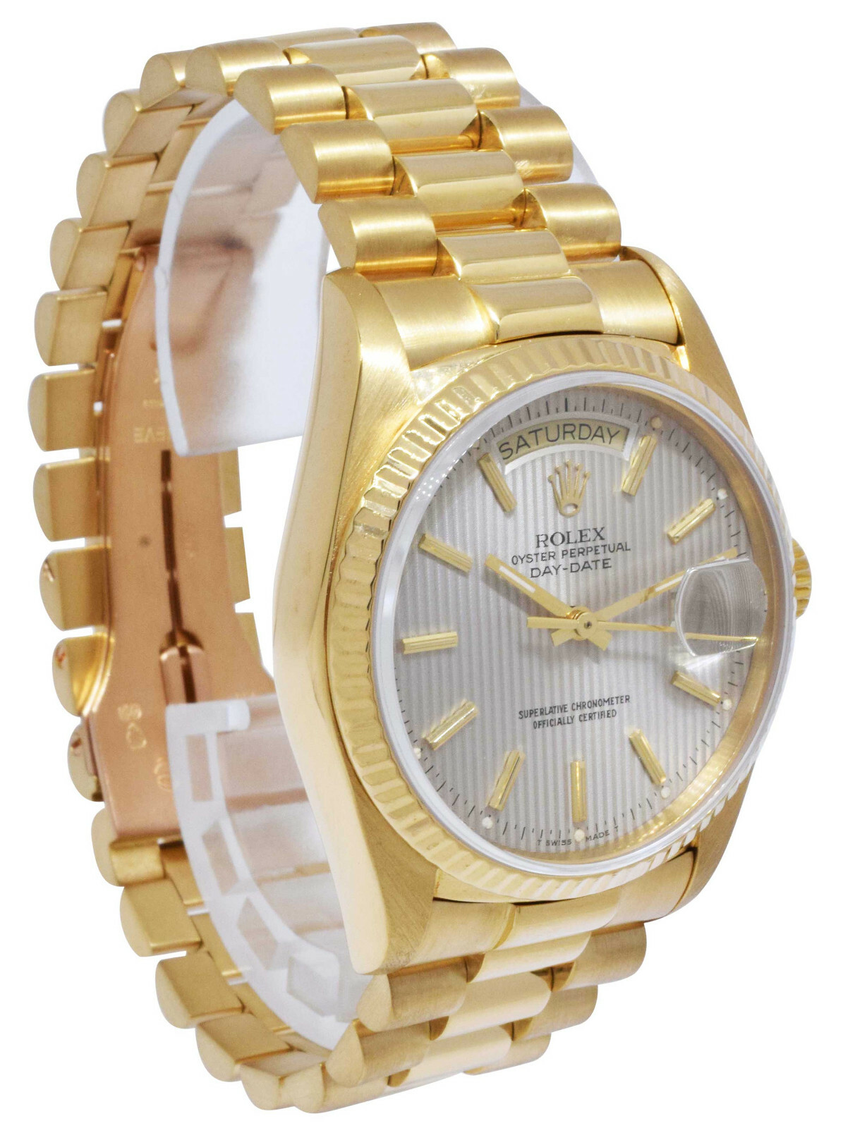 Rolex Day-Date President 18k Yellow Gold Silver Tapestry Dial 36mm Watch R 18038