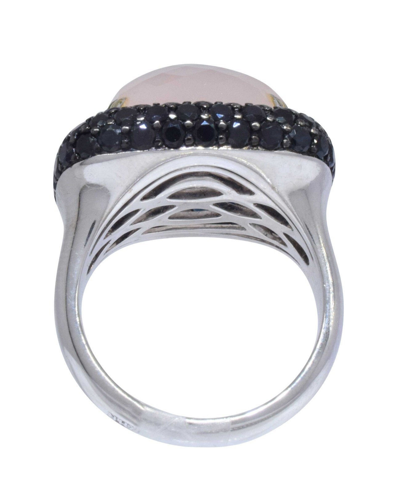 Black Diamond & Rose Quartz 18k White Gold Ladies Ring Size 7