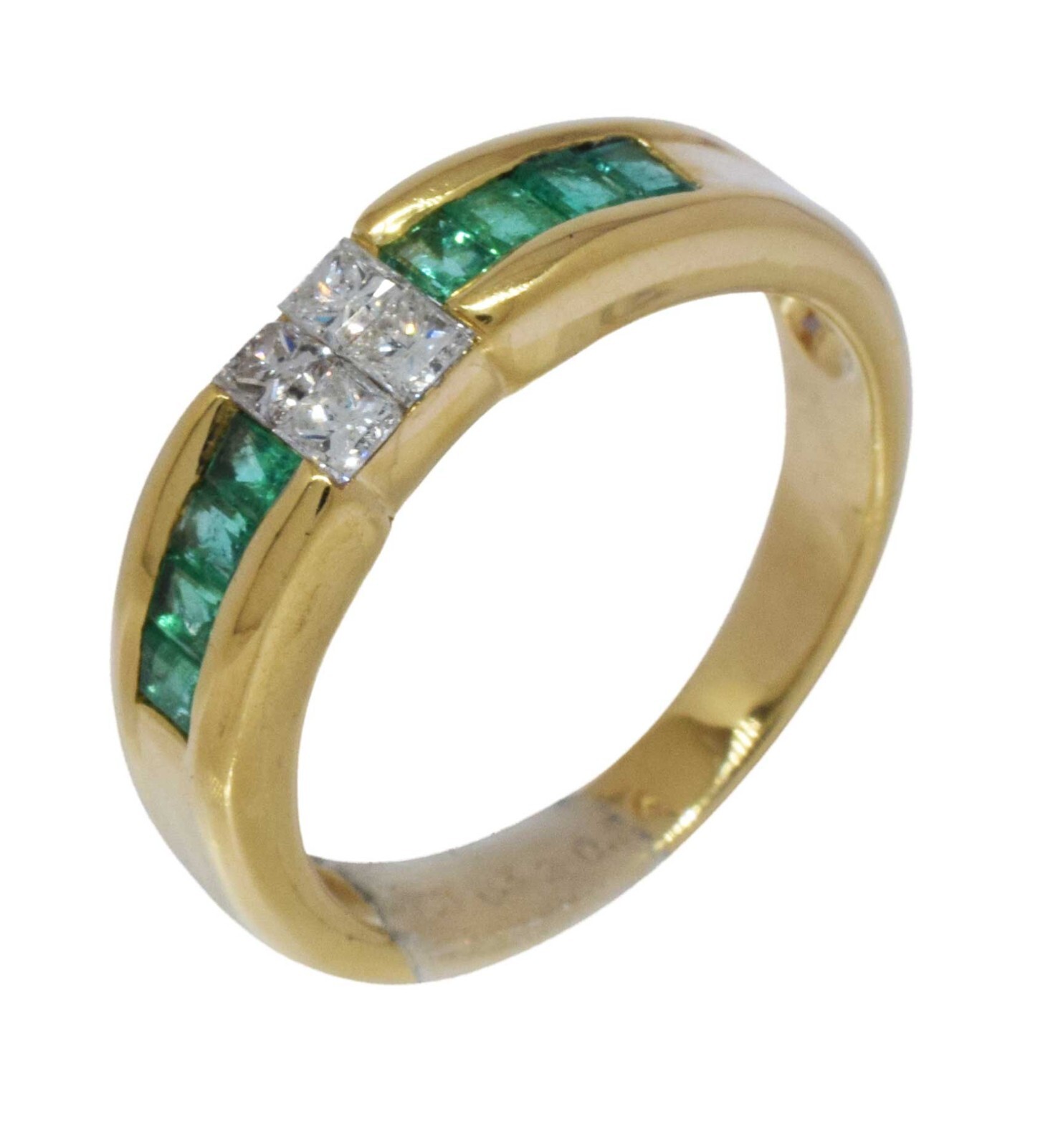 Green Emerald & Princess Cut Diamond 18k Yellow Gold Ladies Band Ring Size 6.25