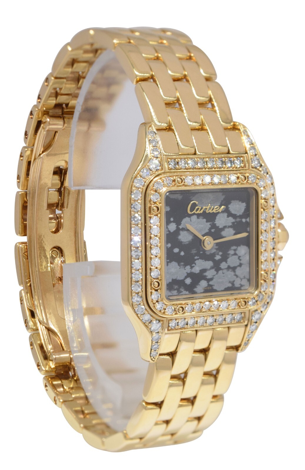 Cartier Panthere Small 18k Yellow Gold Obsidian Stone Dial Diamond Ladies Watch