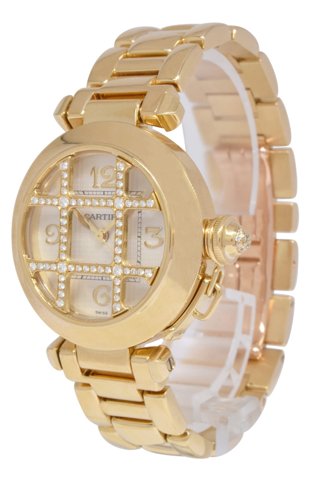 Cartier Pasha 18k Yellow Gold Diamond Grid Ladies 32mm Watch WJ1013H9 2399