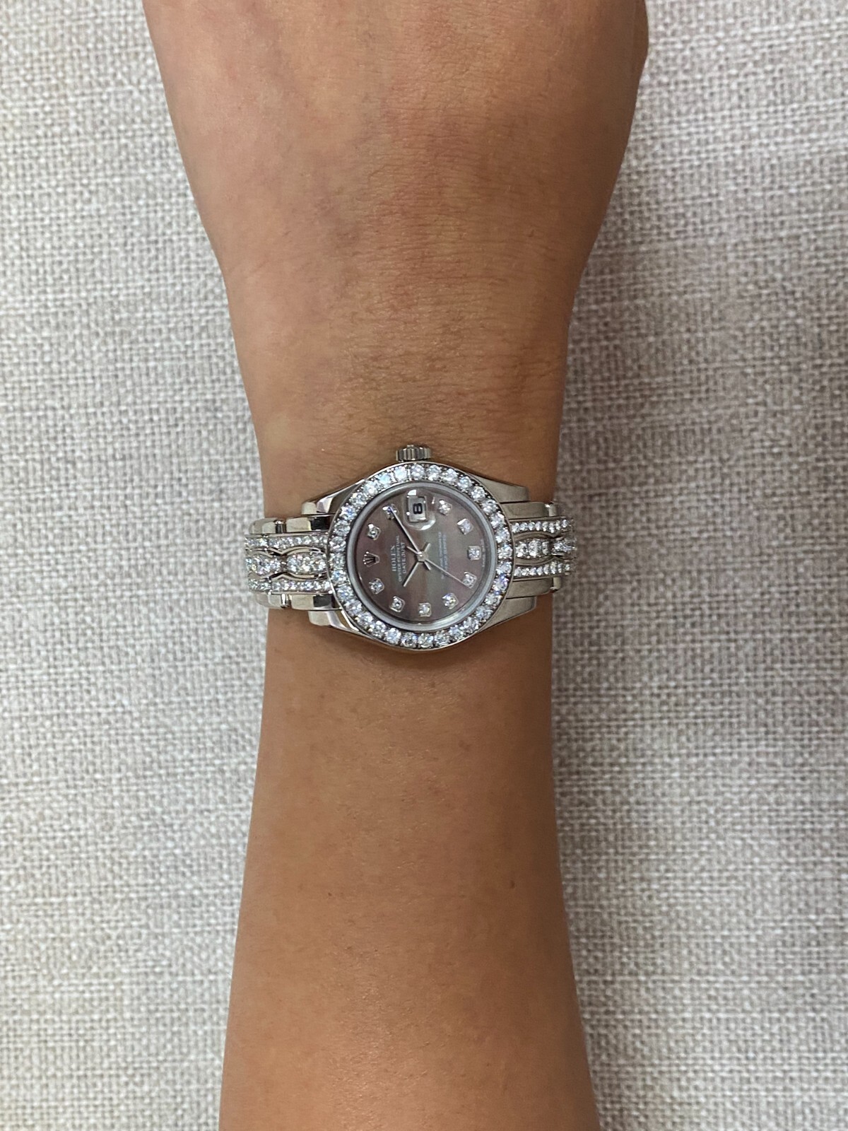 Rolex Datejust Pearlmaster 18k White Gold Diamond Black MOP 29mm Watch K 80299