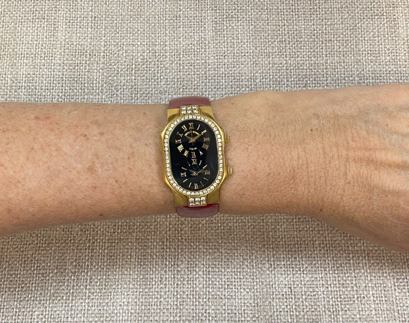 Philip Stein Teslar Dual Time 18k Yellow Gold Diamond Bezel 27mm Quartz Watch