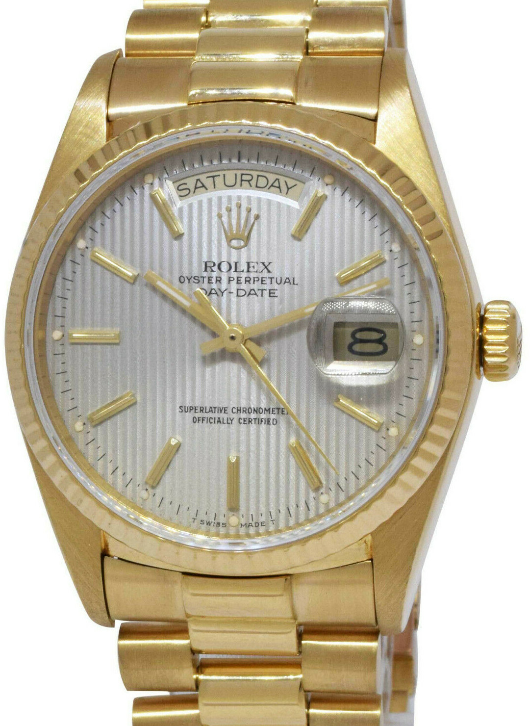 Rolex Day-Date President 18k Yellow Gold Silver Tapestry Dial 36mm Watch R 18038 Rolex Day-Date President 18k Yellow Gold Silver Tapestry Dial 36mm Watch R 18038