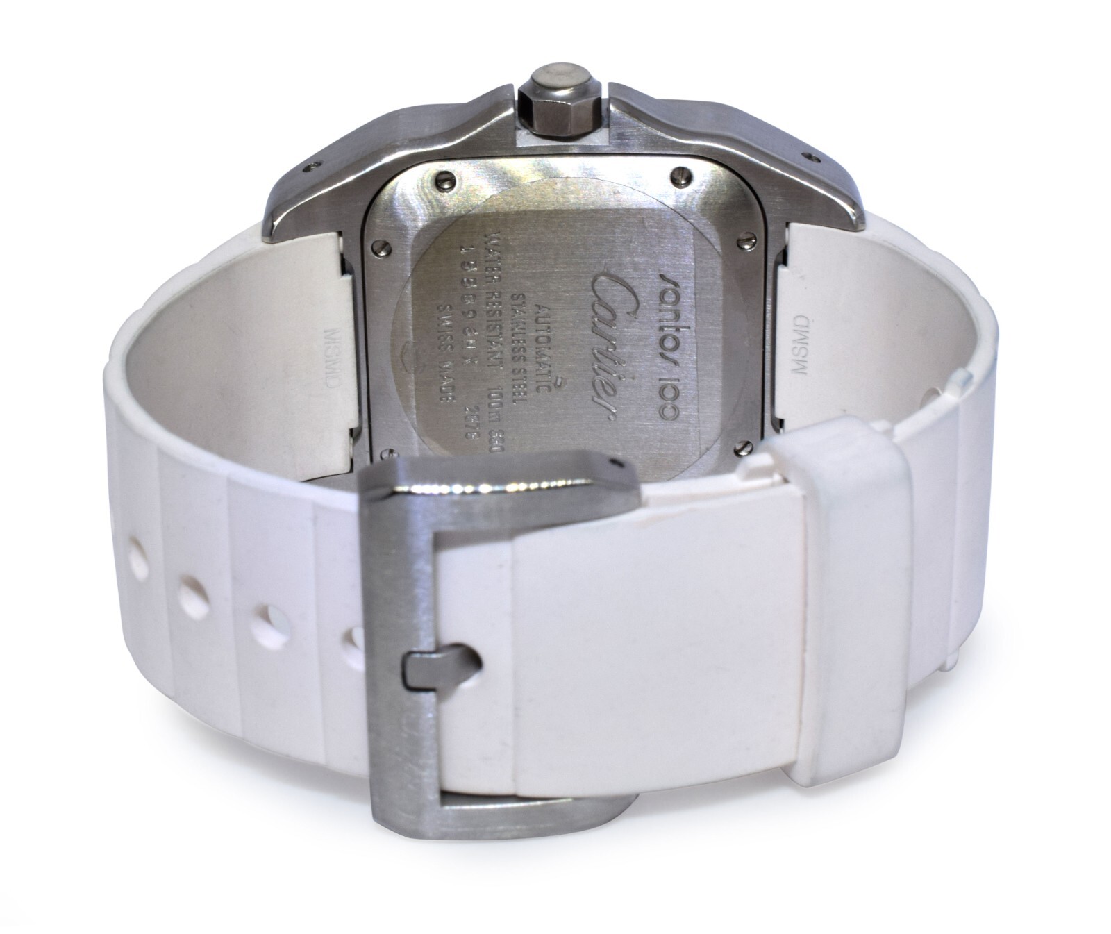 Cartier Santos 100 Medium Steel White Rubber Automatic Watch W20122U2 2878