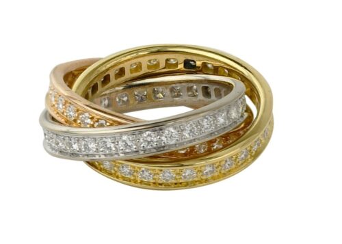 Cartier Trinity Pave Diamond Tri-Color 18k White Yellow & Rose Gold Ring Size 49