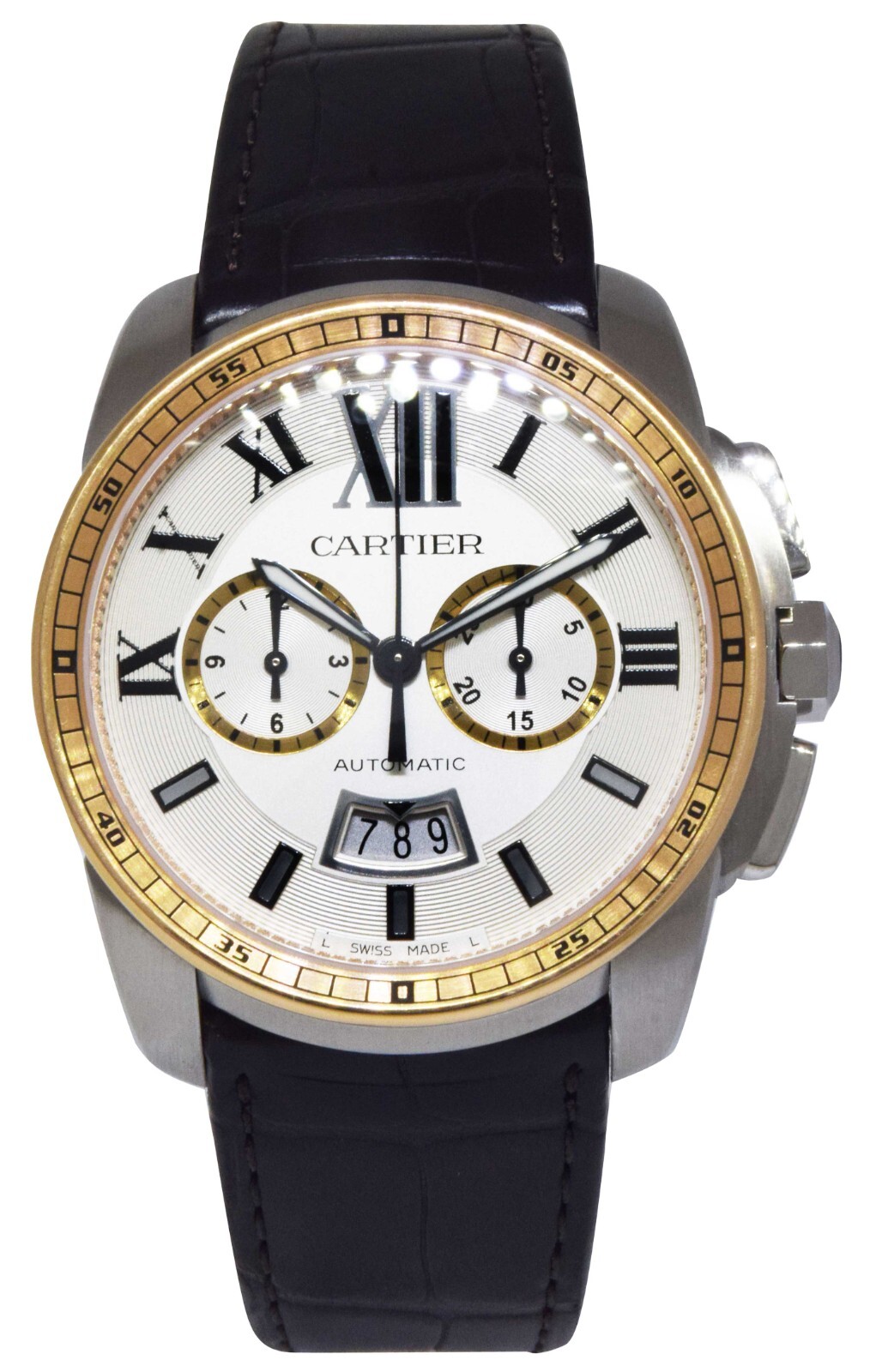 Cartier Calibre Chronograph Steel & 18k Rose Gold 42mm Watch B/P W7100043 3578