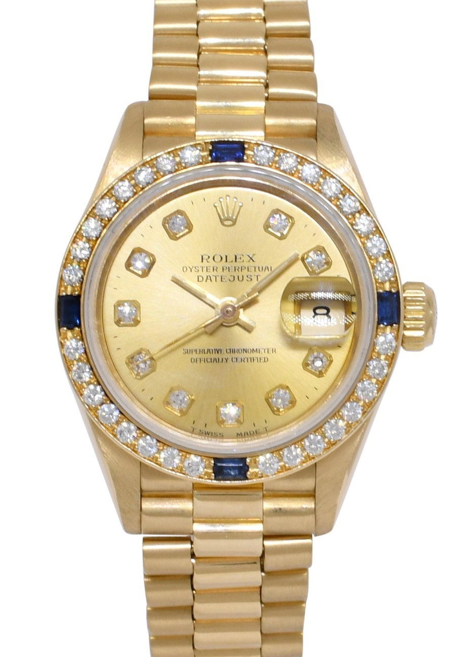 Rolex Datejust President Yellow Gold Diamond/Sapphire 26mm Watch +PP '85 69178 Rolex Datejust President Yellow Gold Diamond/Sapphire 26mm Watch +PP '85 69178