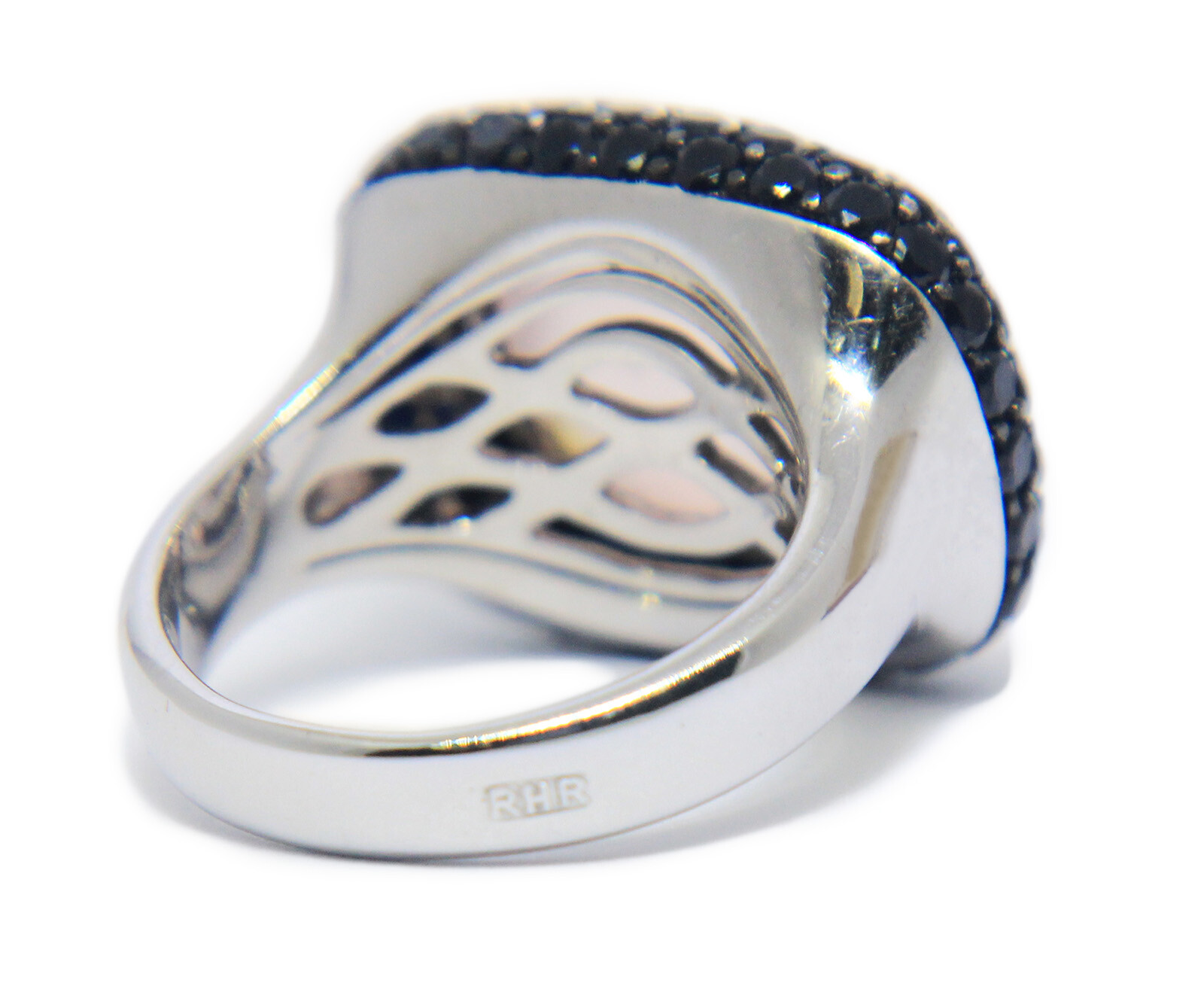 Black Diamond & Rose Quartz 18k White Gold Ladies Ring Size 7