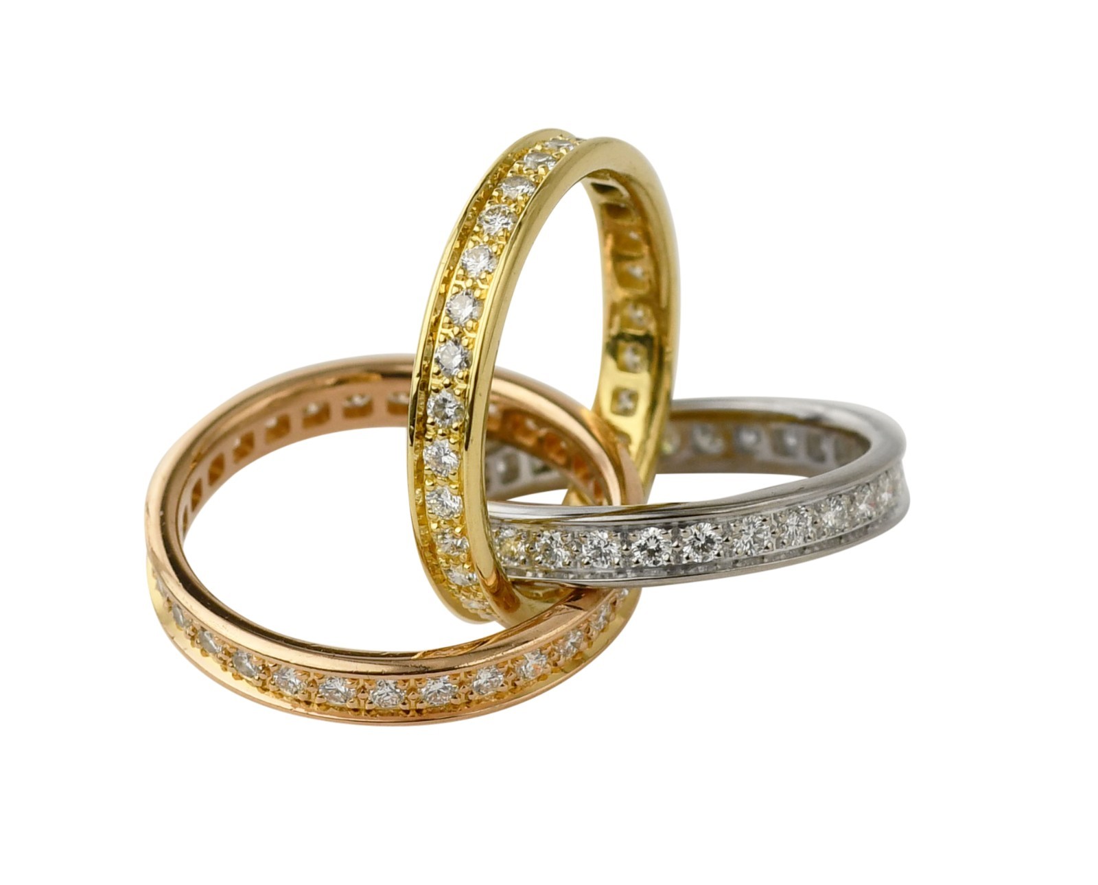 Cartier Trinity Pave Diamond Tri-Color 18k White Yellow & Rose Gold Ring Size 49