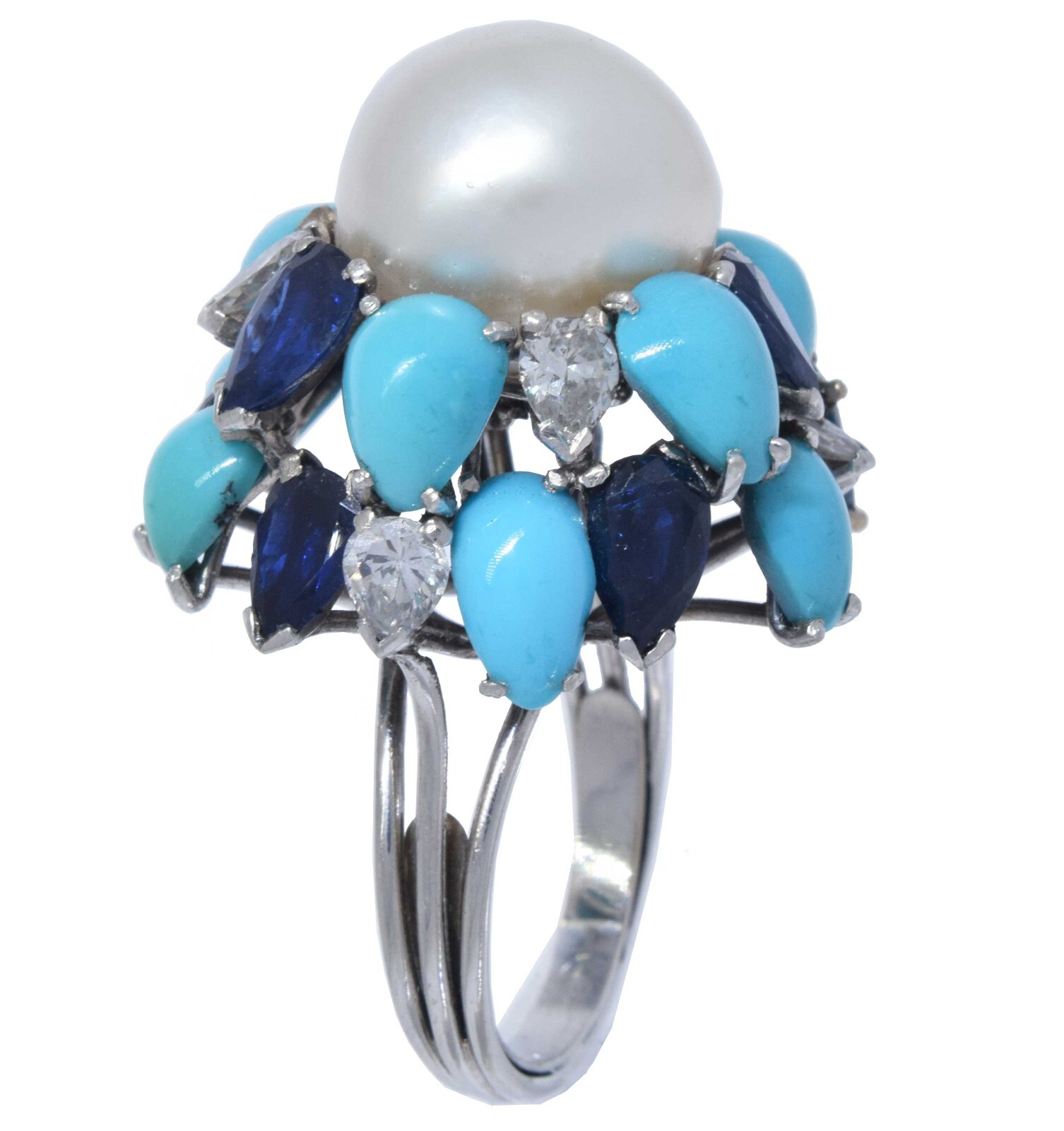 Pearl & Diamond & Sapphire & Turquoise Ring in 18k White Gold Ladies 6.5