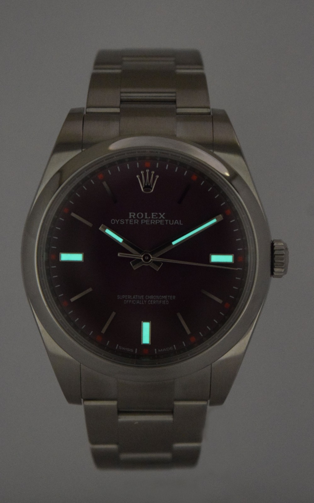 Rolex Oyster Perpetual 39 Steel Purple Grape Dial Mens Watch 114300