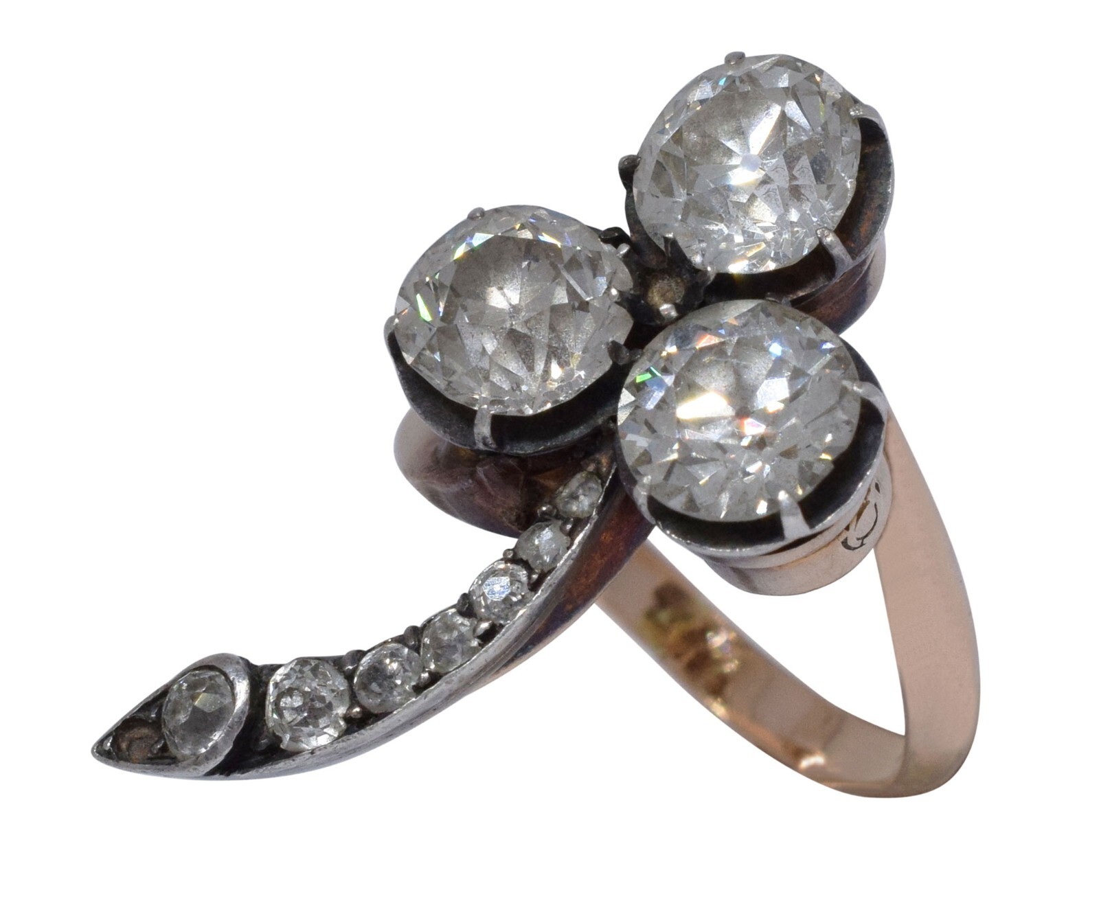 Victorian Style Diamond 14k Rose Gold & Silver Cocktail Ring Size 7.25