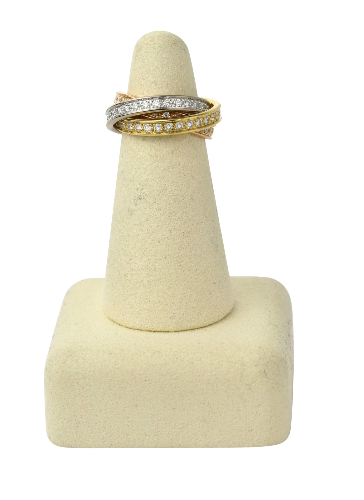 Cartier Trinity Pave Diamond Tri-Color 18k White Yellow & Rose Gold Ring Size 49
