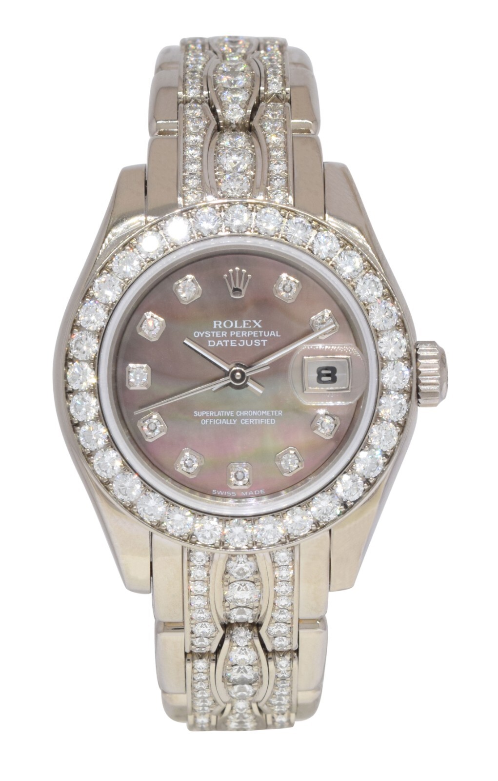 Rolex Datejust Pearlmaster 18k White Gold Diamond Black MOP 29mm Watch K 80299