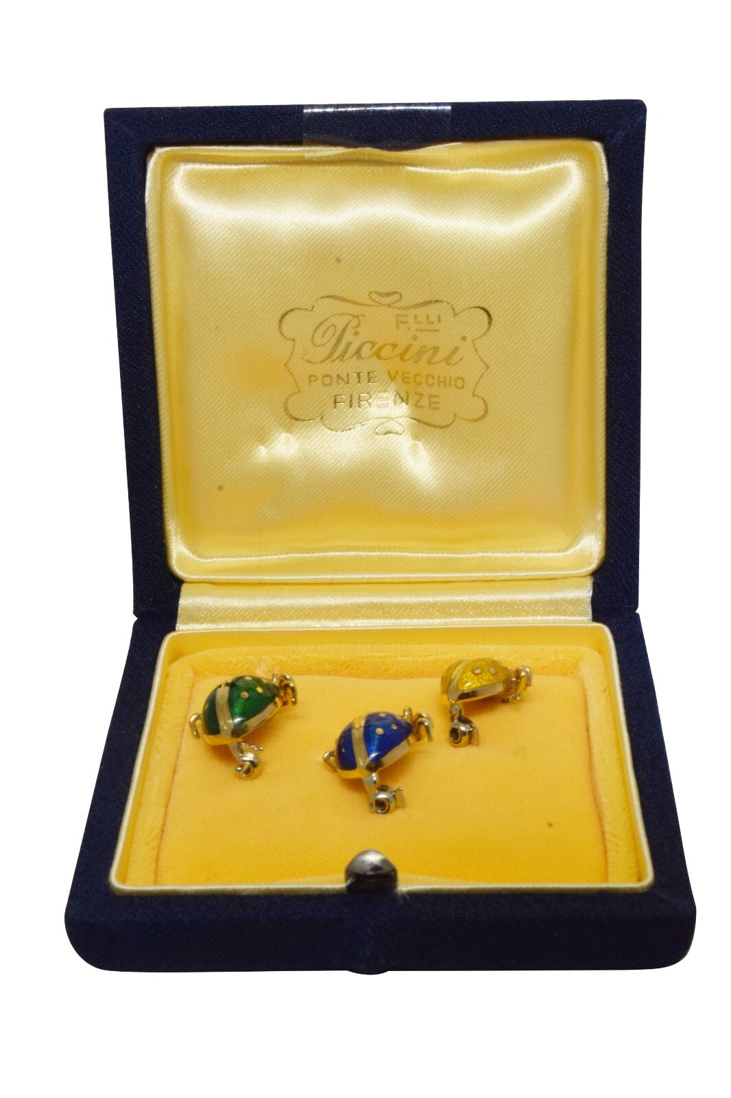 Ladybug 18k Yellow Gold & Enamel Pin Set of 3 Vibrant Blue/Green/Yellow