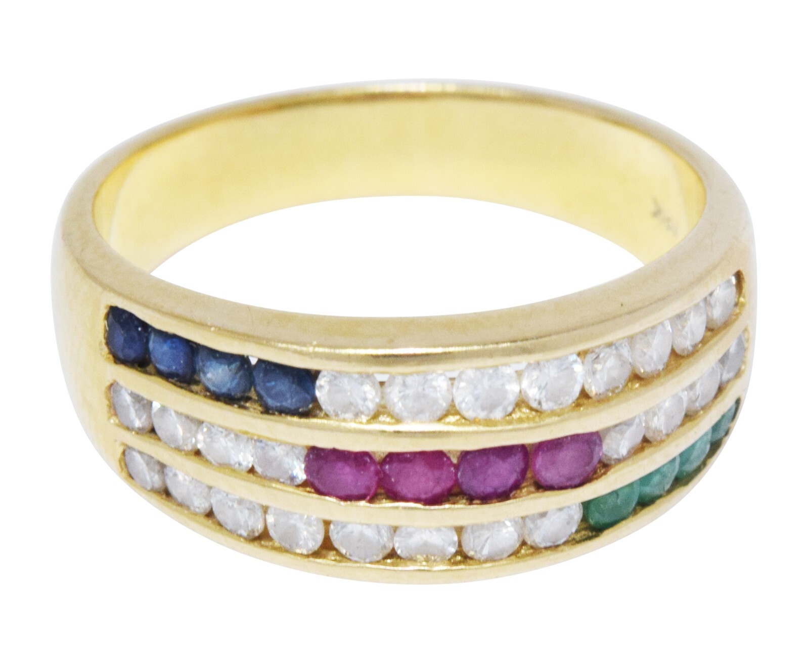 Ladies 18k  Diamond Ruby Sapphire & Emerald Ring 6.5