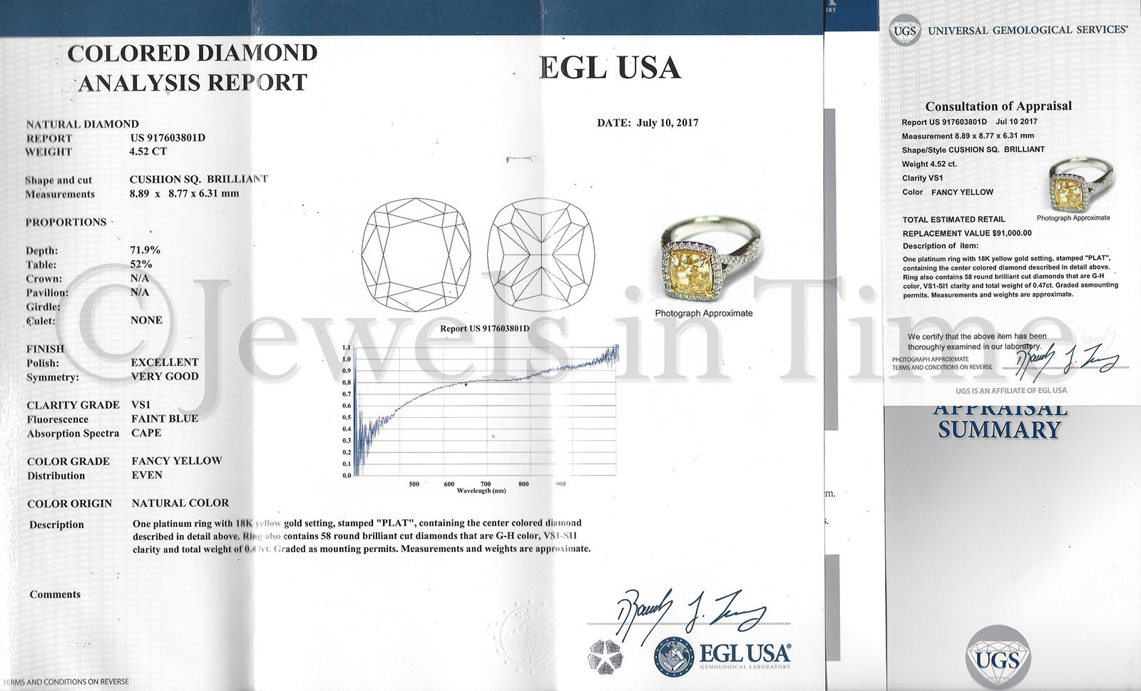 4.52 Carat Fancy Yellow Cushion Brilliant Diamond Platinum Ring Size 6.5 EGL USA 4.52 Carat Fancy Yellow Cushion Brilliant Diamond Platinum Ring Size 6.5 EGL USA
