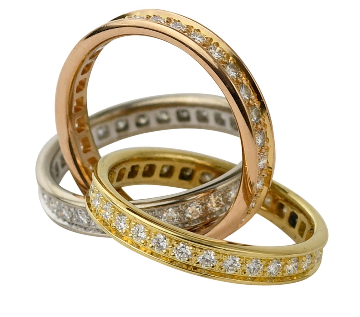 Cartier Trinity Pave Diamond Tri-Color 18k White Yellow & Rose Gold Ring Size 49
