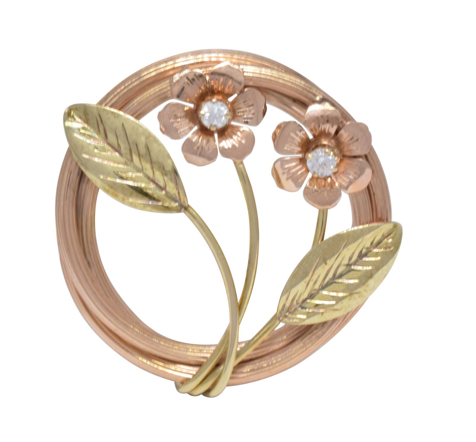 14k Rose & Green Gold & Diamond Floral Pin