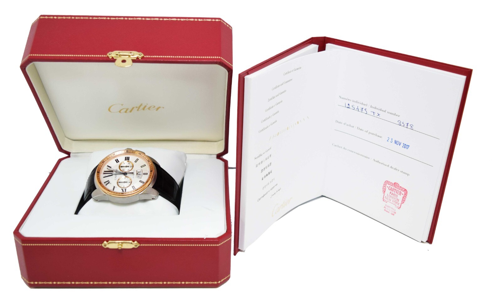 Cartier Calibre Chronograph Steel & 18k Rose Gold 42mm Watch B/P W7100043 3578