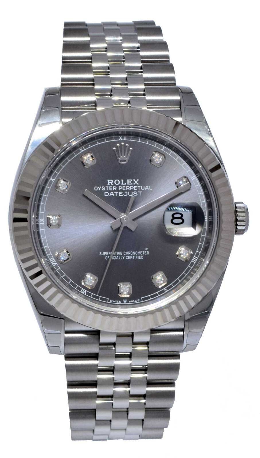 NOS Rolex Datejust 41 Steel 18k WG Rhodium Diamond Dial Watch B/P '21 126334
