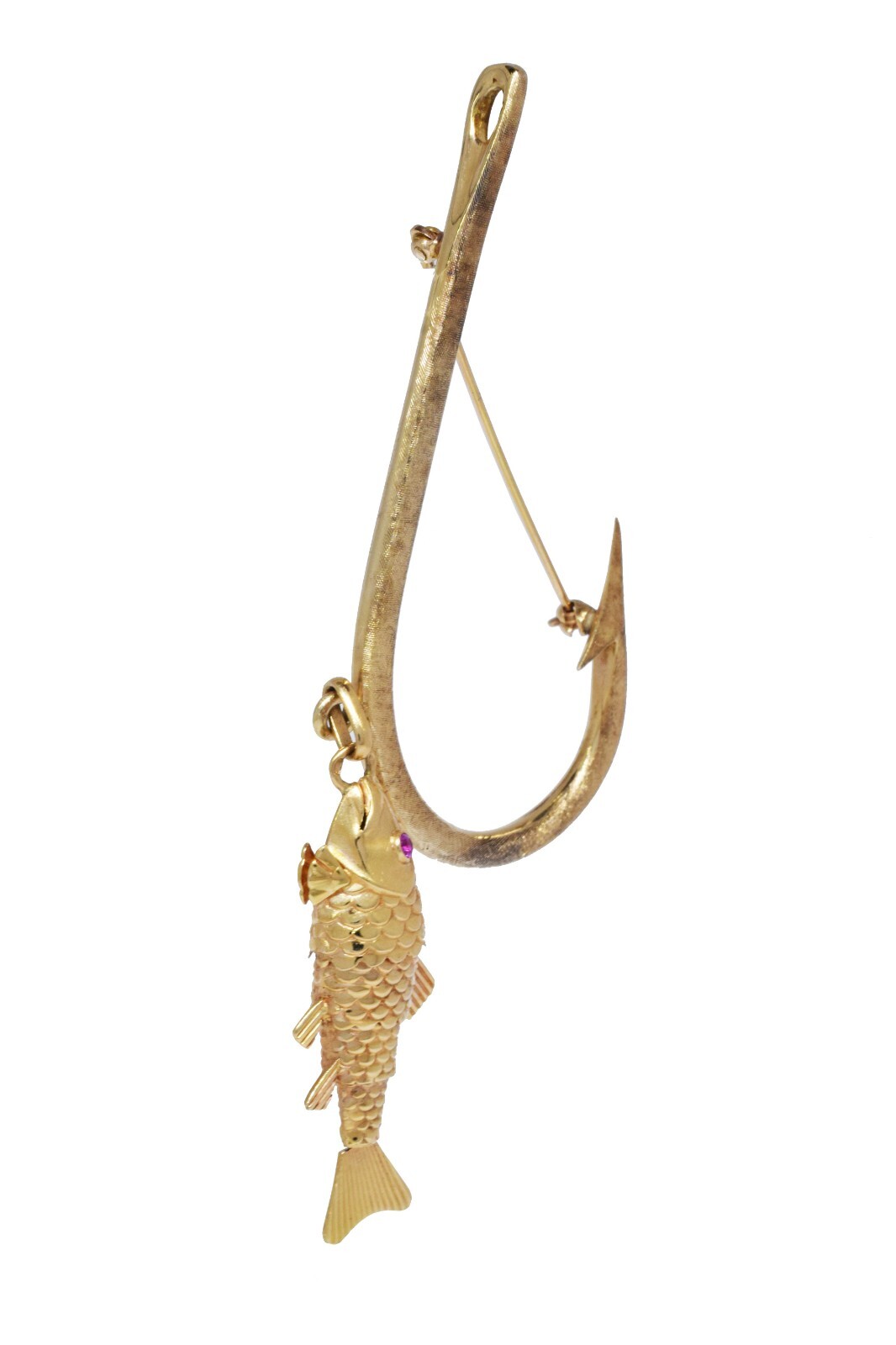 Fish & Hook Vintage 14k Yellow Gold & Ruby Brooch Pin Fish & Hook Vintage 14k Yellow Gold & Ruby Brooch Pin