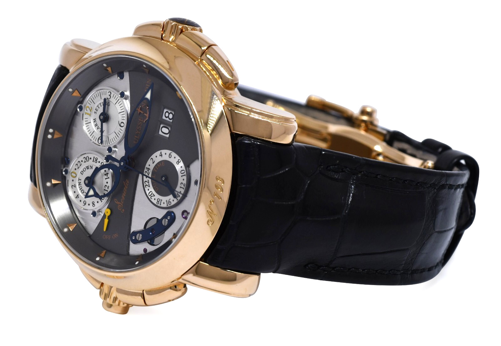 Ulysse Nardin Sonata Cathedral 18k Rose Gold Dual Time Alarm 42mm Watch 676-88