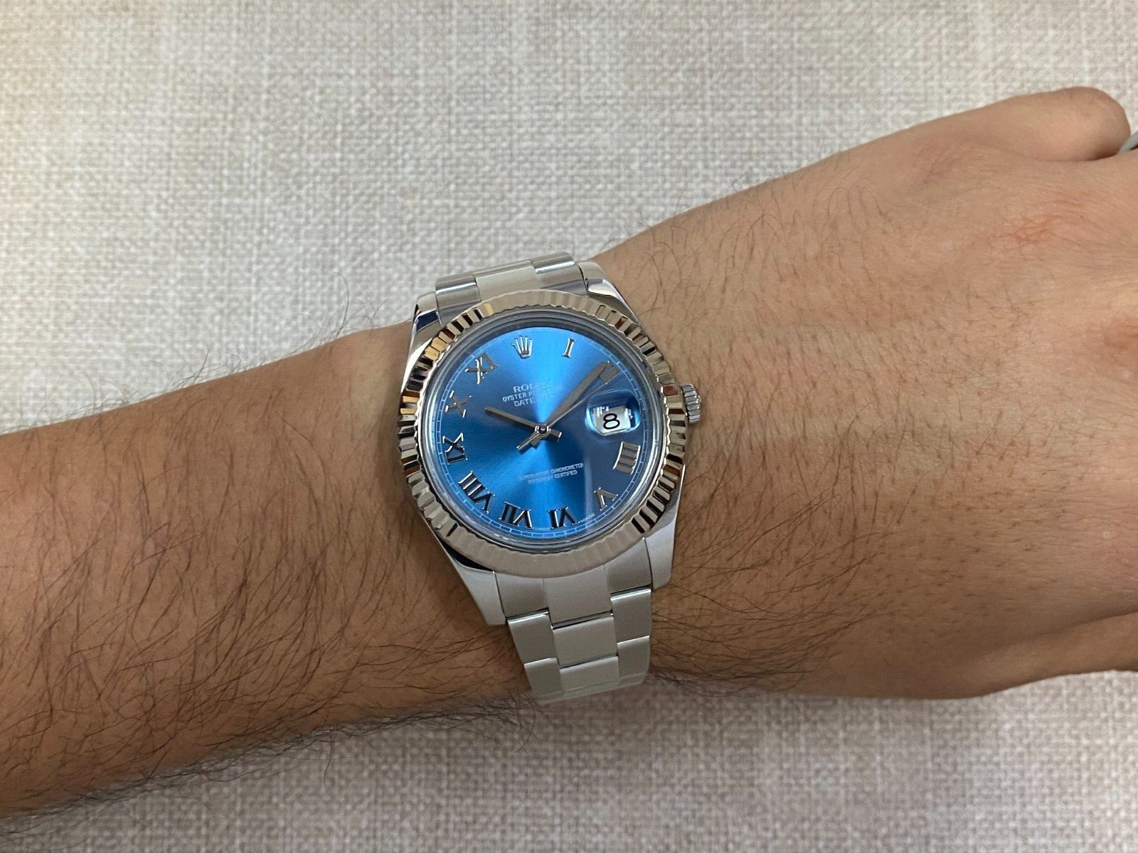 Rolex Datejust II Steel & 18k White Gold Bezel Blue Dial Mens 41mm Watch 116334