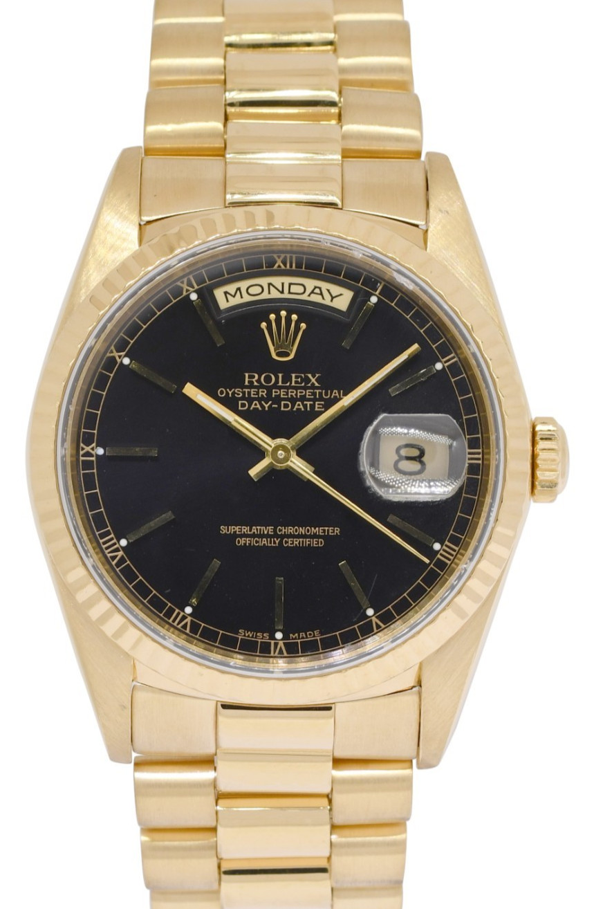 Rolex Day-Date President 18k Yellow Gold Black Dial Mens 36mm Watch E 18238