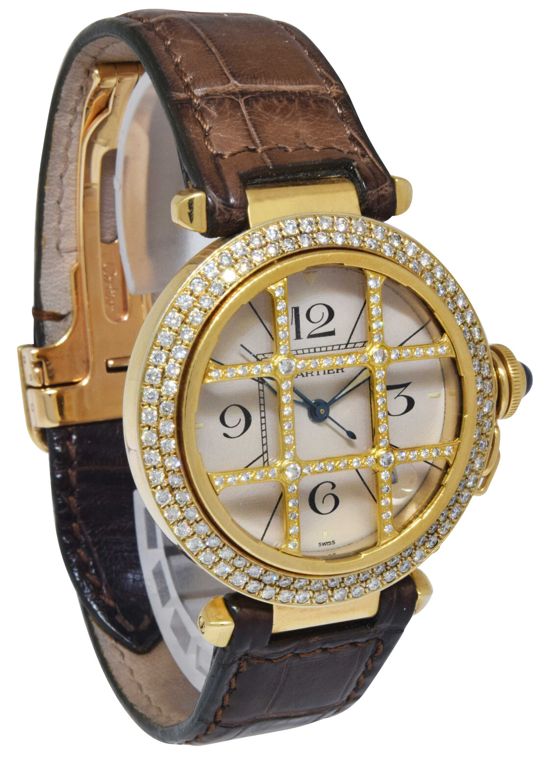 Cartier Pasha 38mm 18k YG Diamond Grid w/Ivory Dial Leather Automatic Watch 1988