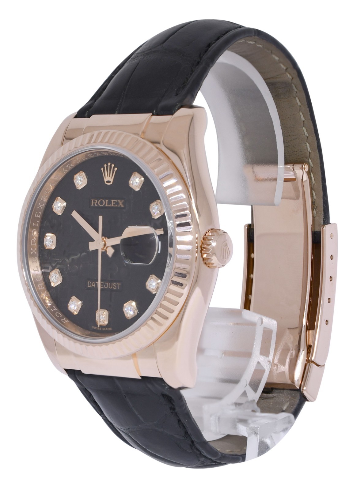 Rolex Datejust 18k Rose Gold Black Jubilee Diamond Dial 36mm Watch 116135