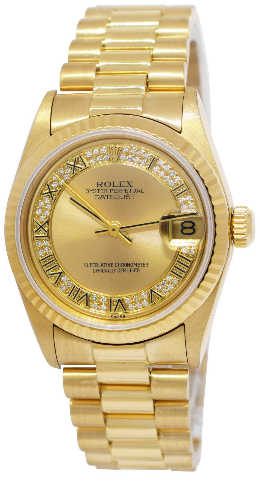 Rolex Datejust President 18k Yellow Gold Diamond Roman Ladies 31mm Watch E 68278