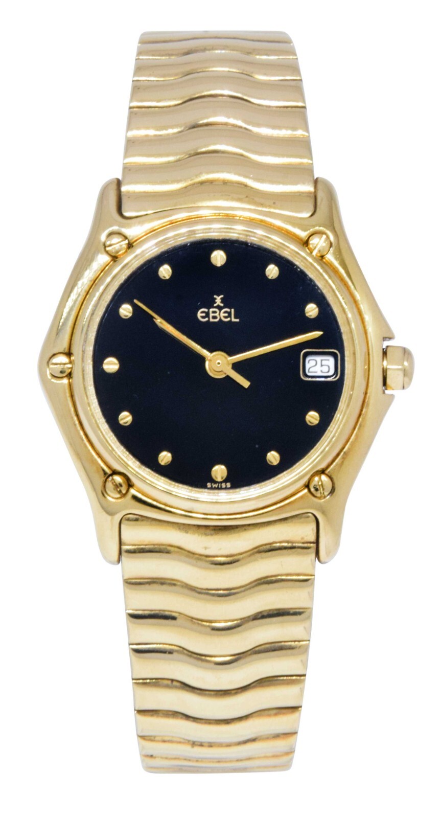 Ebel 1911 18k Gold Watch Sportwave Bracelet Black Dial Quartz Watch B/B 11126102