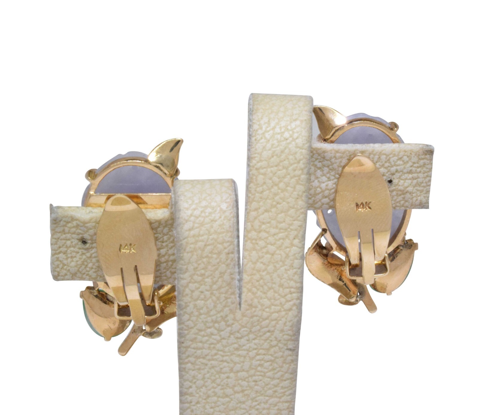 Carved Lavender Jade & Green Jade 14k Yellow Gold Clip Earrings