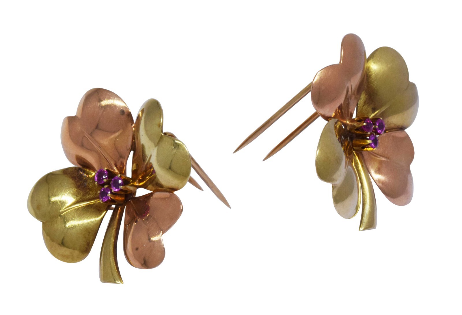 Tiffany Vintage 14k Rose & Yellow Gold & Ruby Clover  Clip Set