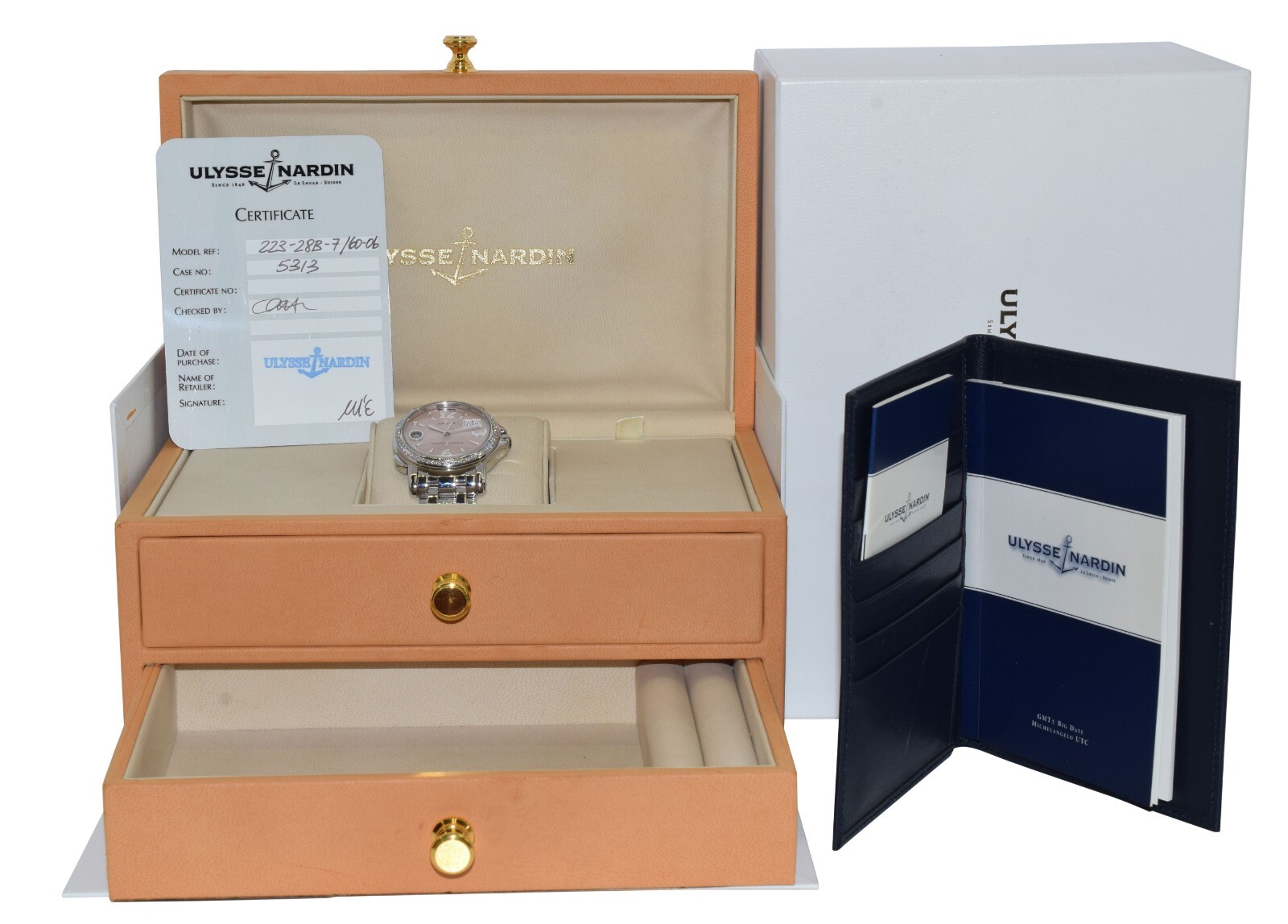 Ulysse Nardin Dual Time Steel Pink Dial & Diamond Ladies 37mm Watch B/P 223-22
